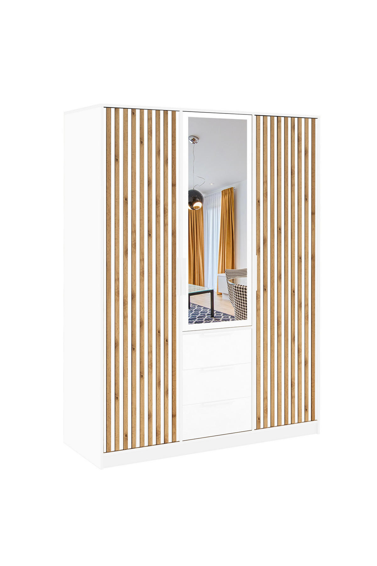 DREHTÜRENSCHRANK GAREN 149/200/57,5 cm 3-türig mit Spiegel Weiß - Weiß, Holzwerkstoff (149/200/57.5cm) - MASSENO