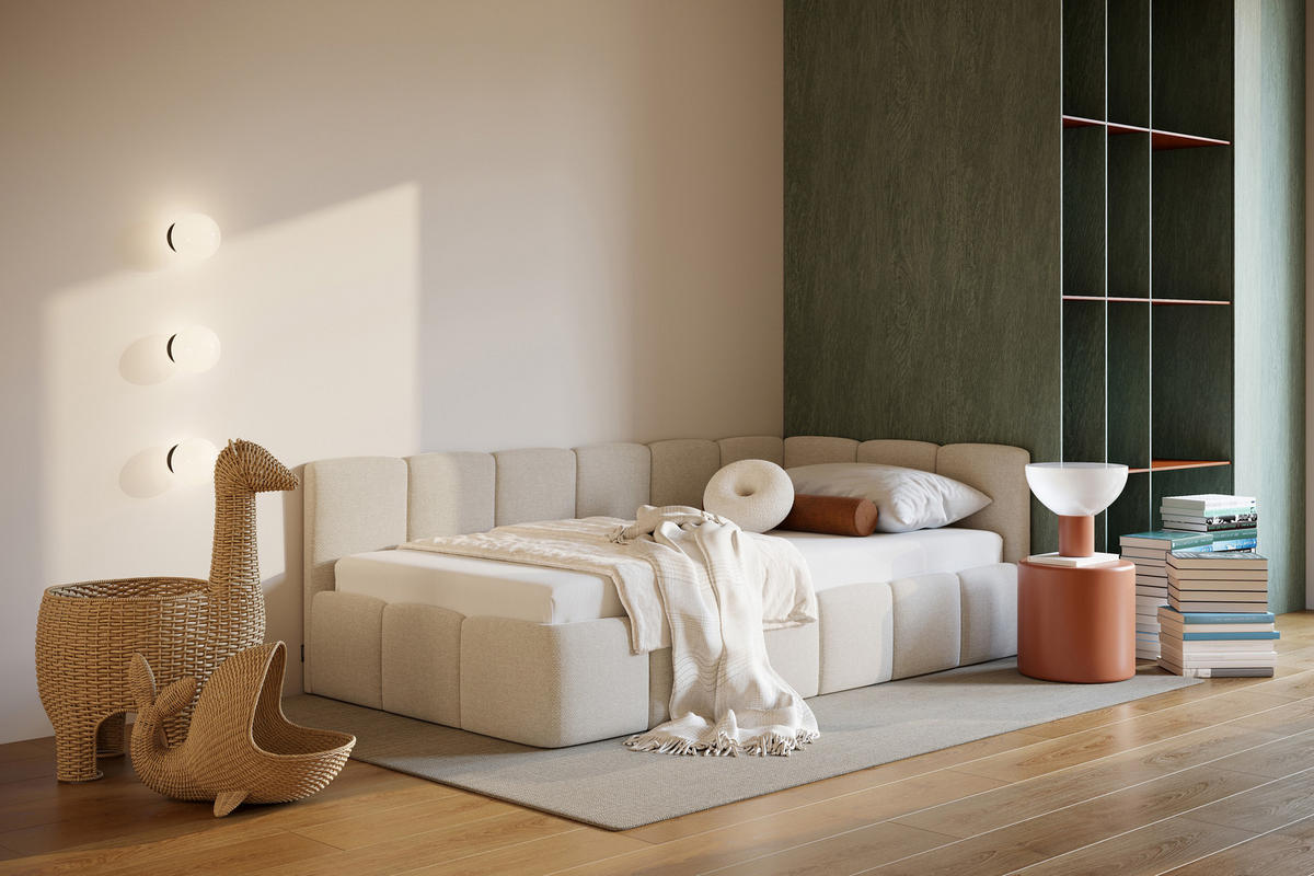 POLSTERBETT AURO mit Bettkasten, Einzelbett, rechts - 90x200 cm - Kaschmir/Beige, Holz/Textil (90/200cm) - mybed.