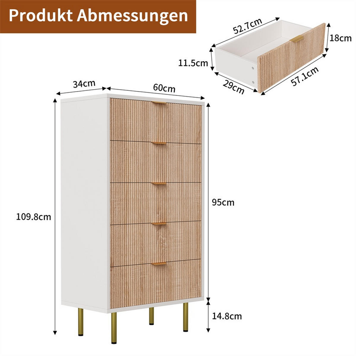 KOMMODE mit 5 Schubladen - vertikale Rillen und goldene Metallbeine - Naturholz und Weiß - Eichefarben, Holzwerkstoff (60/109.8/34cm) - DELFA