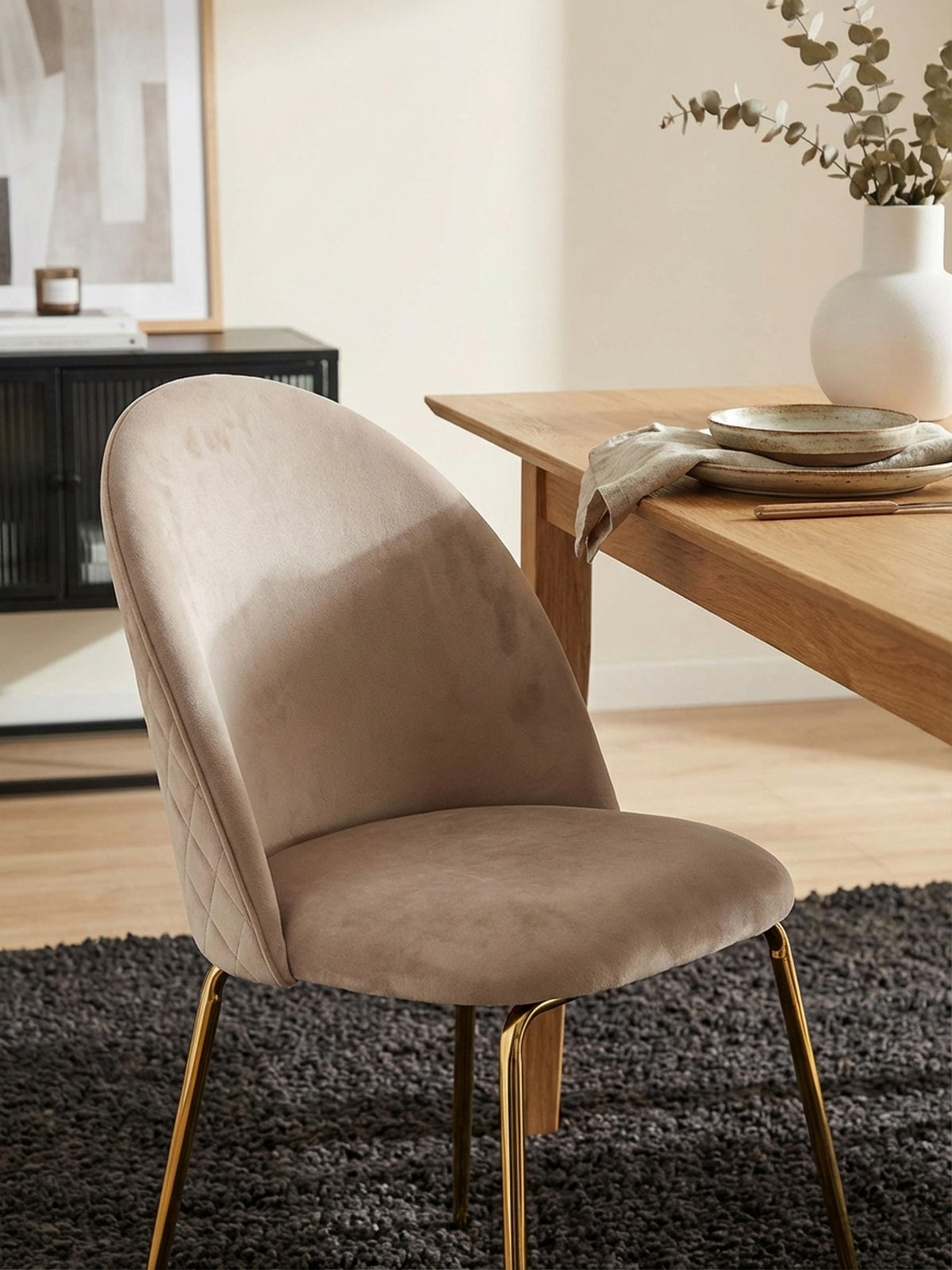 ESSZIMMERSTUHL 2er Set Samtbezug mit Metallgestell Diamantsteppung Skandinavisch gepolstert, Beige 53x50x87 cm - Beige/Goldfarben, Textil/Metall (53/87/50cm) - KADIMA DESIGN