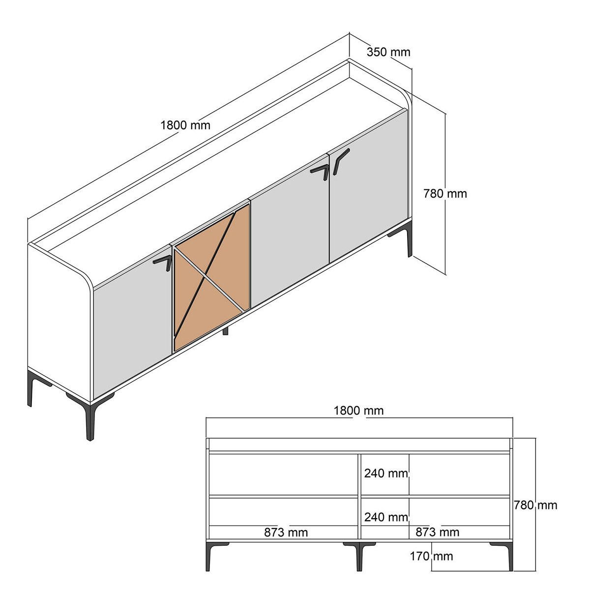 SIDEBOARD 4 Türen L180 cm - Venedik - Schwarz, Holzwerkstoff (35/78/180cm) - Calicosy