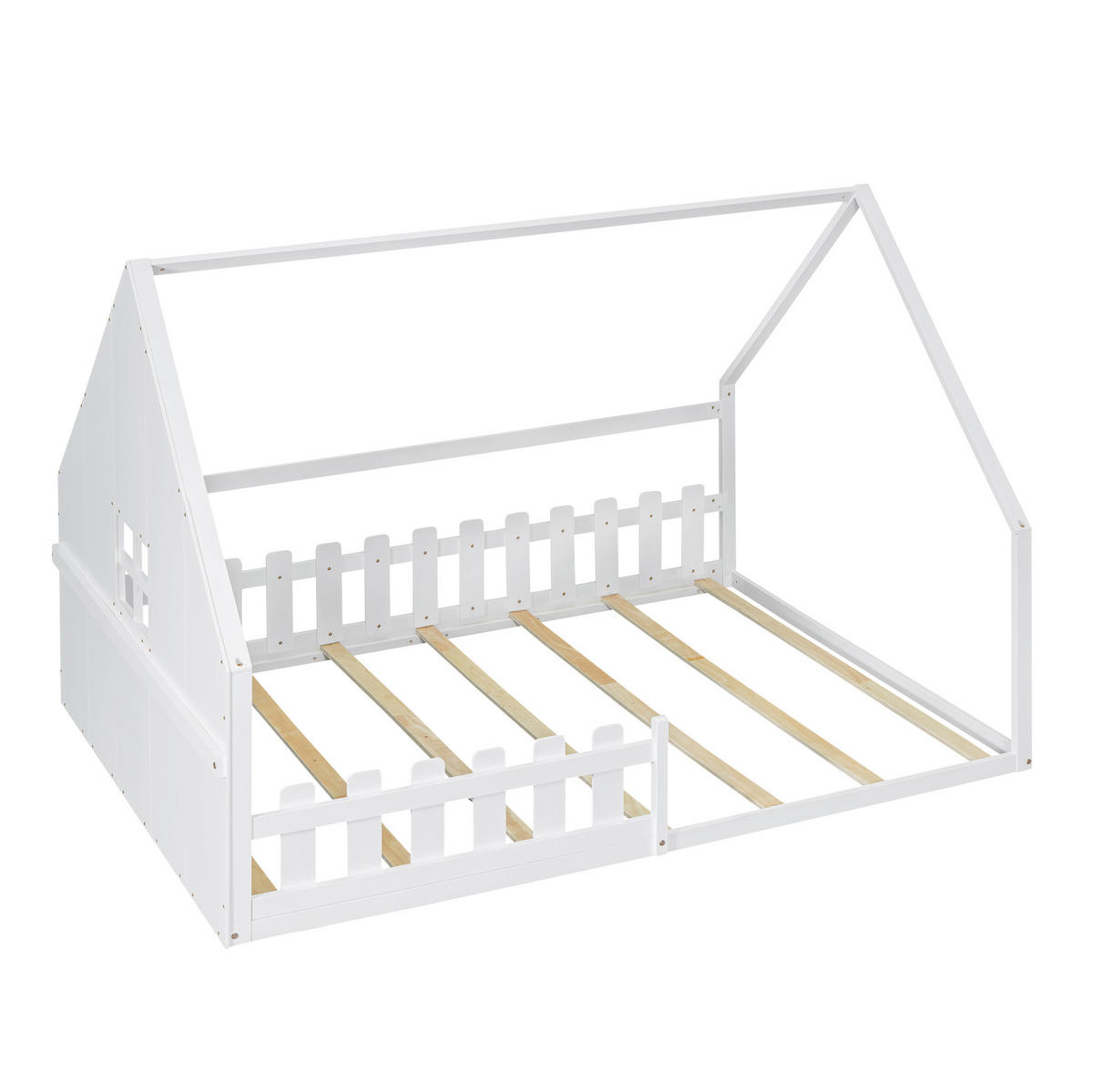 DĚTSKÁ postel 140/200 cm bílá z borovice a MDF ve tvaru domečku se zábranou - bílá, dřevo (140/200cm) - OKWISH