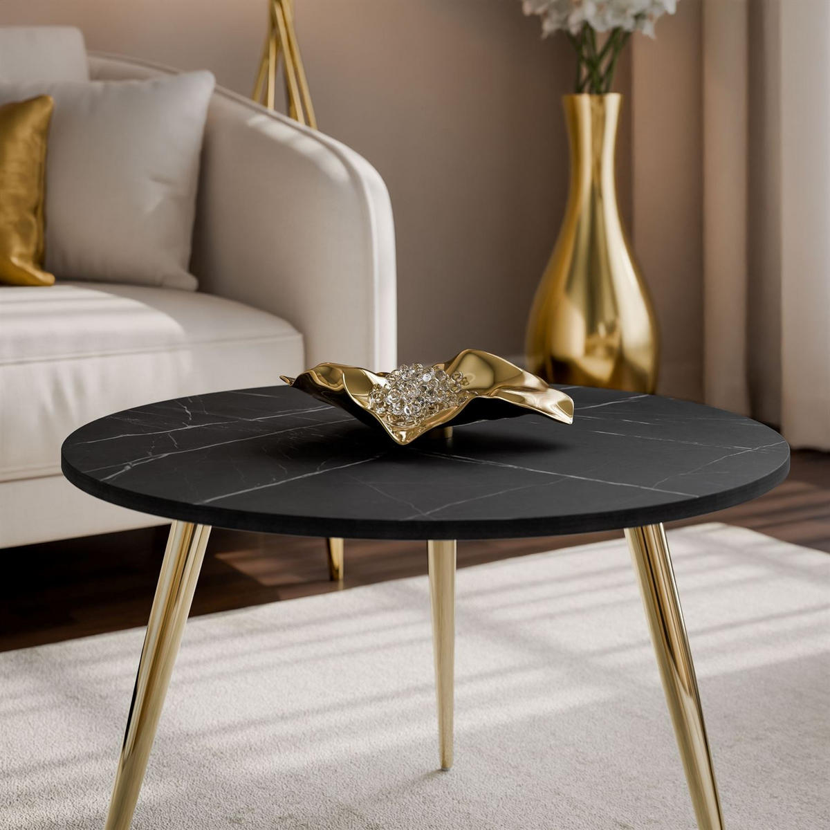 COUCHTISCH SOLEIL II aus Schwarz Marmor auf goldenen Beinen - Schwarz, Holzwerkstoff (60/60/47cm) - Lookway