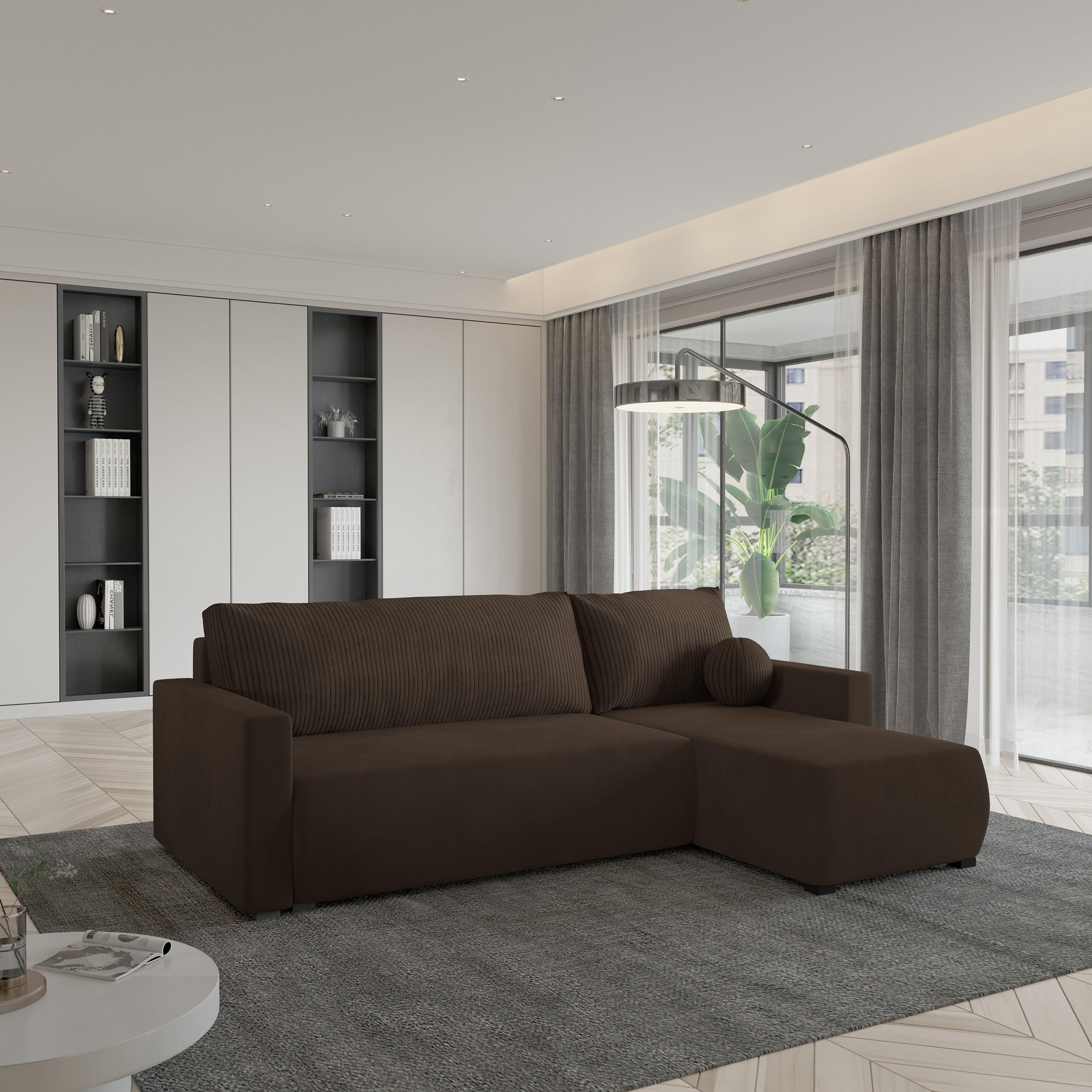 ECKSOFA SORGE Braun Plüsch-Stoff mit Schlaffunktion - Braun, Holz (220/143cm) - MASSENO