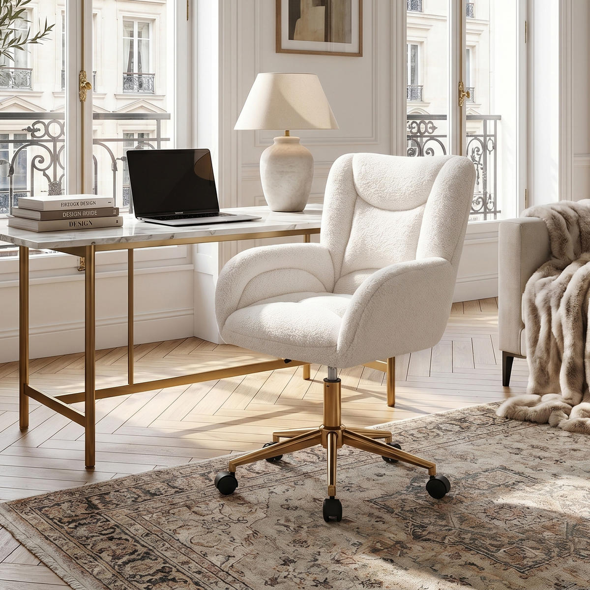 BÜROSTUHL aus Teddy-Stoff in Weiß und Gold, höhenverstellbar und 360° drehbar - Weiß, Textil (64/92.5/62cm) - Urban Meuble