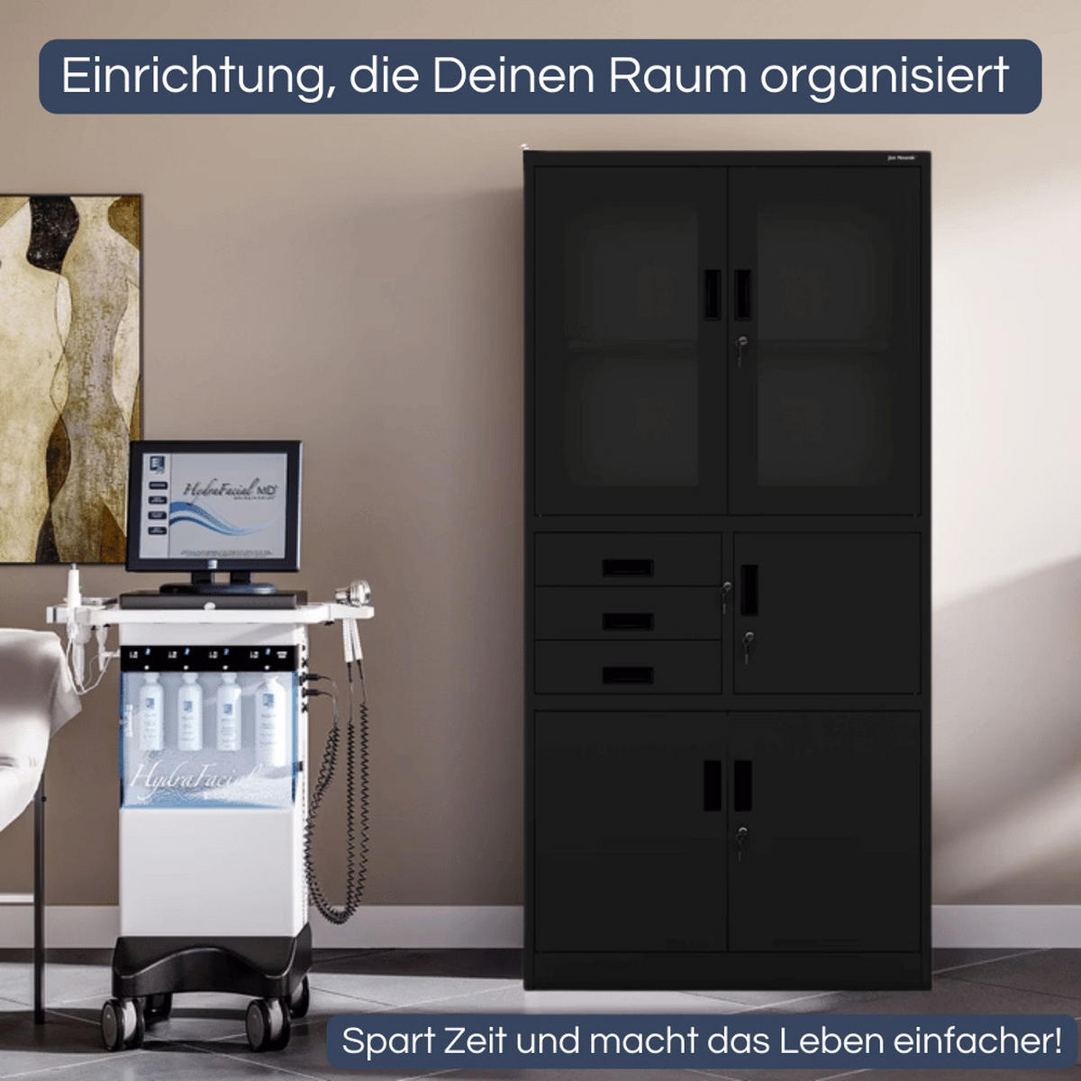 VITRINENSCHRANK abschließbar GEDO mit Tresor 185x90x40cm Schwarz - Schwarz, Metall (90/185/40cm) - DELUKE