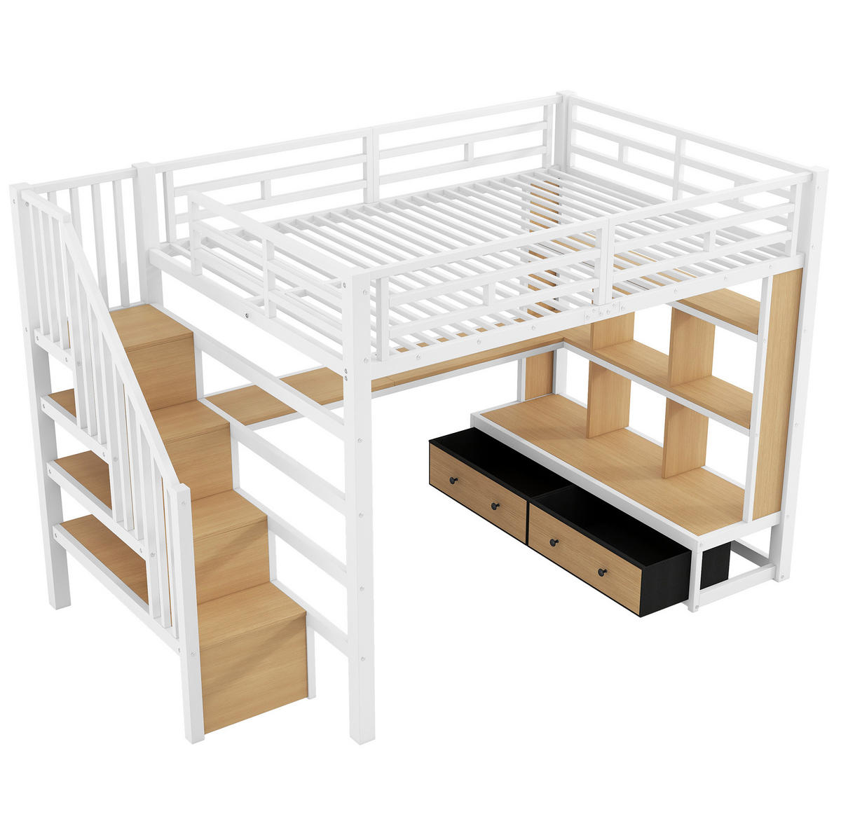 HOCHBETT aus MDF und Metall 140x200 cm Weiß mit Schreibtisch, Regalen, Stauraumtreppe und Schubladen - Weiß, Holzwerkstoff (140/200cm) - Modfu