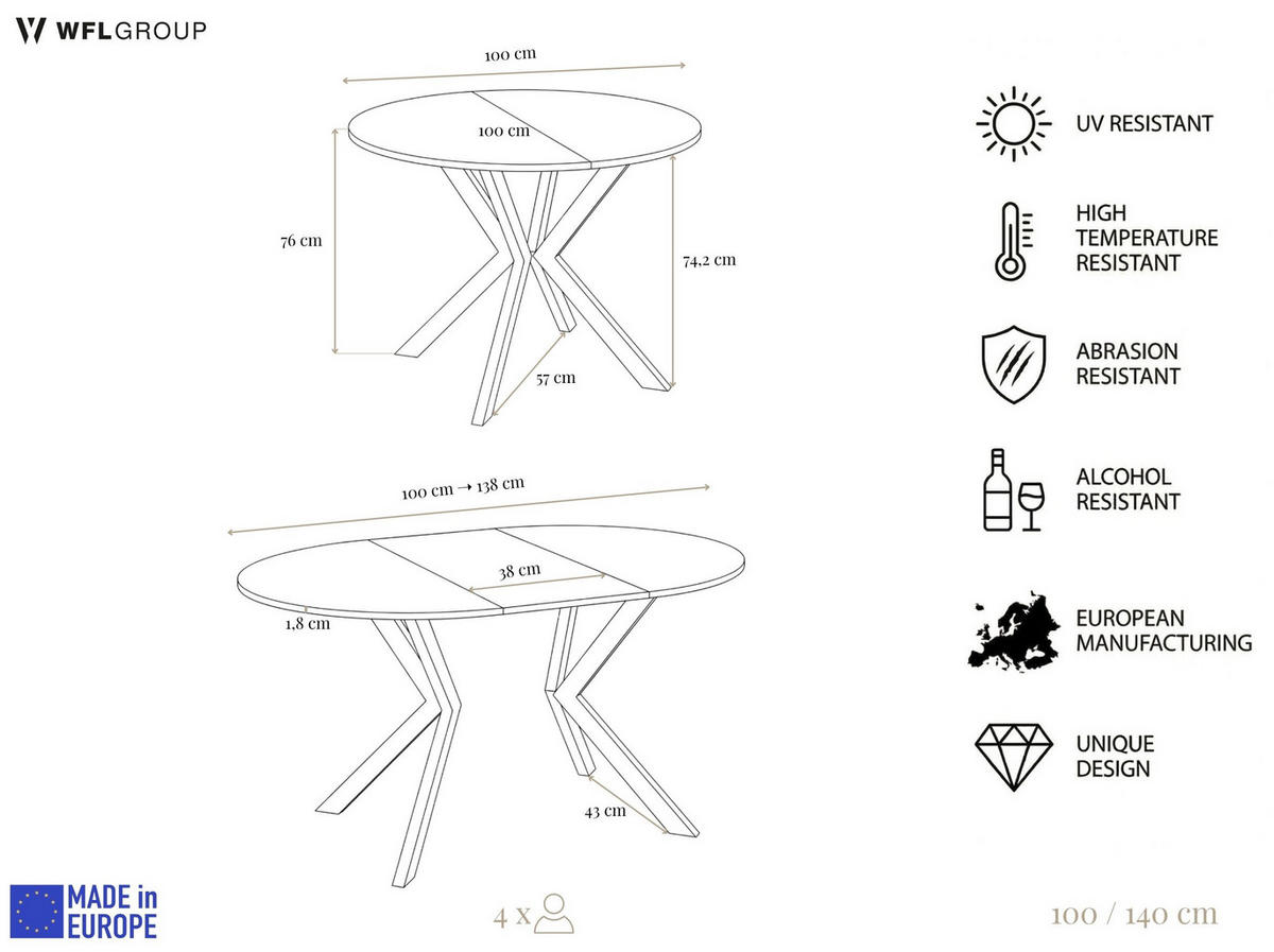ESSTISCH Valio rund oval ausziehbar verlängerbar mit braunen Metallbeinen, Marmor Weiß 100-140/100/76 cm - Ecru/Braun, Holzwerkstoff/Metall (100/140/76cm) - WFL GROUP