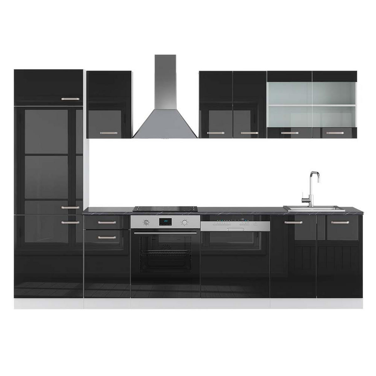 KÜCHENZEILE R-Line Schwarz Hochglanz/Weiß 300 cm, AP Anthrazit - Schwarz Hochglanz/Weiß, Holzwerkstoff (300/81.6/60cm) - Vicco