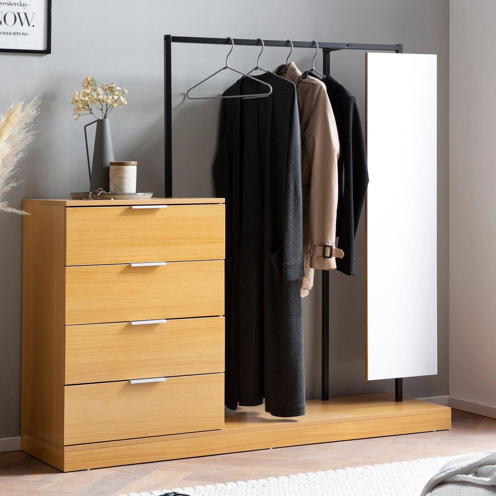GARDEROBE Eiche-Dekor 145x138x40,5cm mit Kommode und Spiegel - Eichefarben/Braun, Glas (145/138/41cm) - KADIMA DESIGN