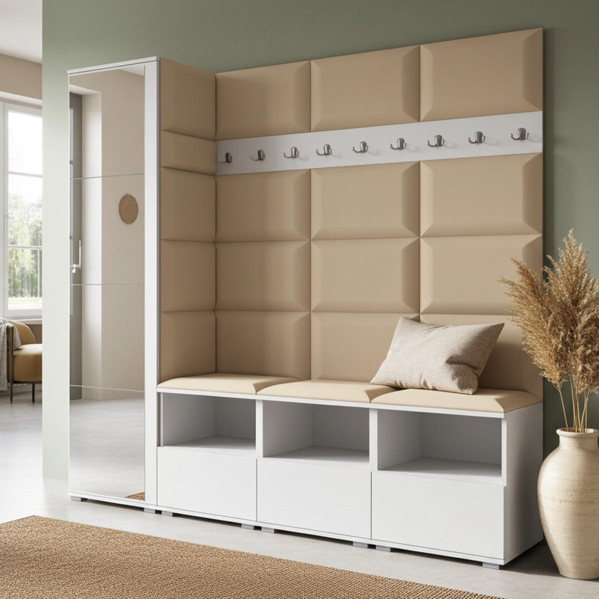 GARDEROBE NELA IX 200 cm (Modulare Flurmöbel Weiß mit Spiegel & Sitzpolster Beige 04 Breite Sitzbank) - Beige/Silberfarben, Holz/Holzwerkstoff (200/187/40cm) - Ravio