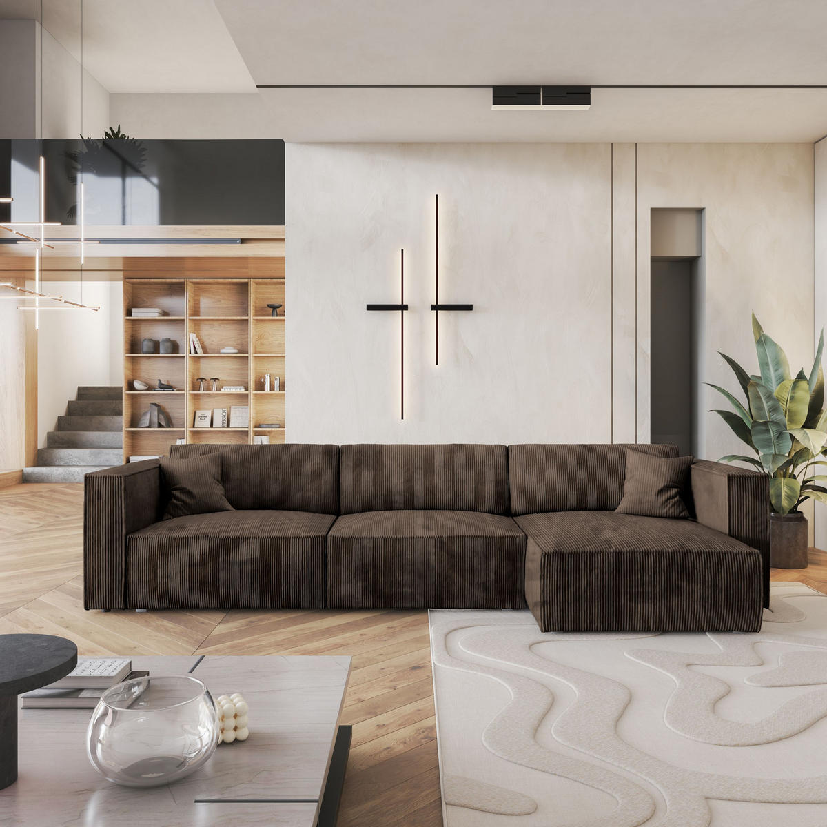 ECKSOFA TOLMO P Braun Kordstoff mit Schlaffunktion - Braun/Grau, Holz/Kunststoff (347/148cm) - MASSENO