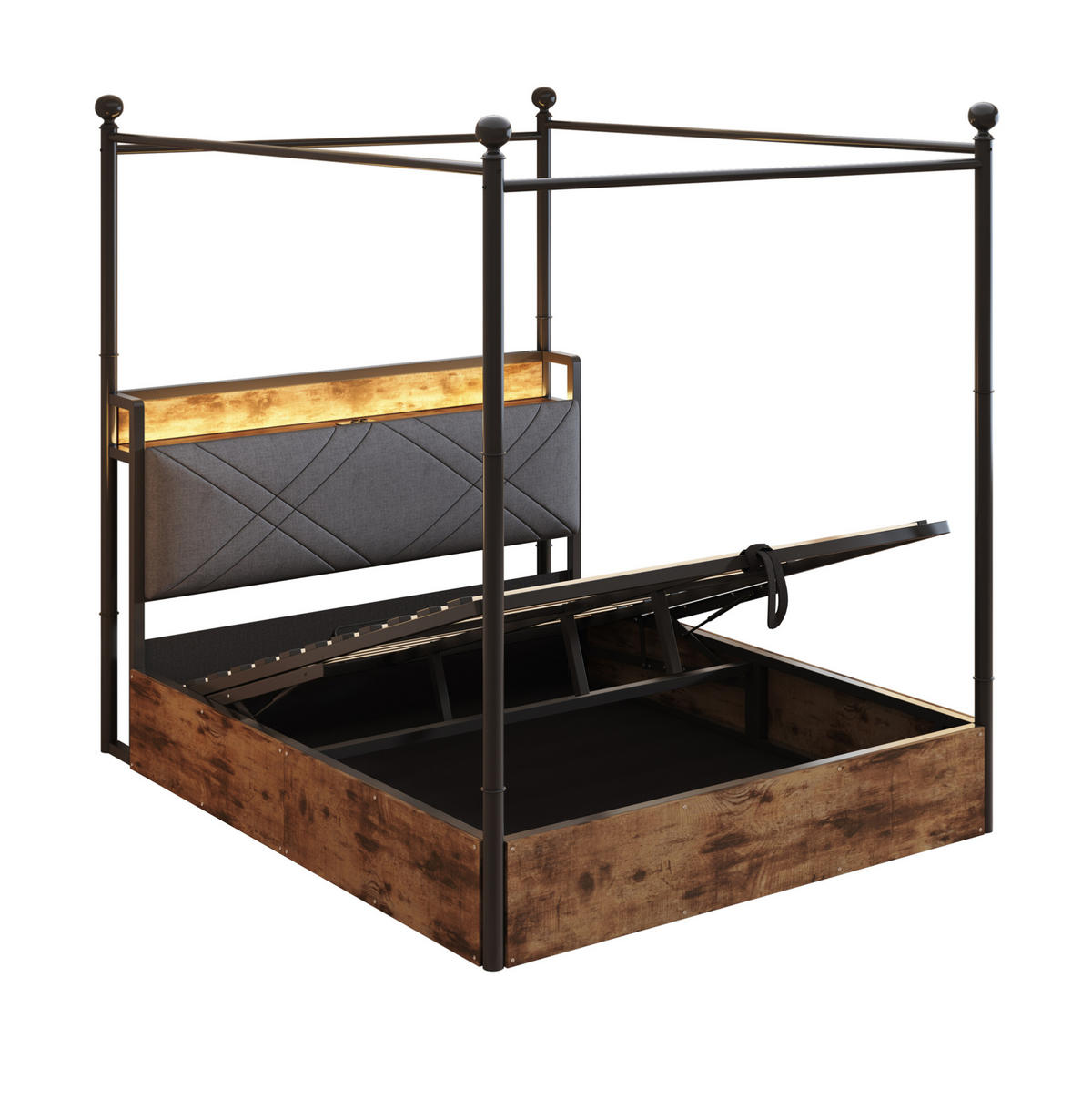 KREVET 140/190 cm s odvojivim baldahinom, LED osvjetljenjem, USB/Type-C priključkom i hidrauličnim spremištem, Crna - crna, metal (140/190cm) - Redom
