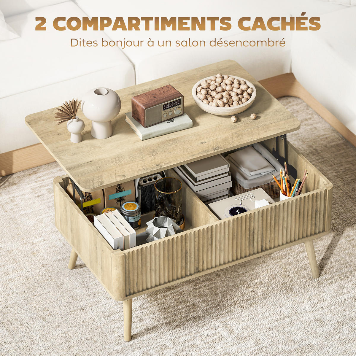 COUCHTISCH DE-15803 klappbare Platte Eiche - Eichefarben, Holzwerkstoff (91/56/43cm) - ComfortXL