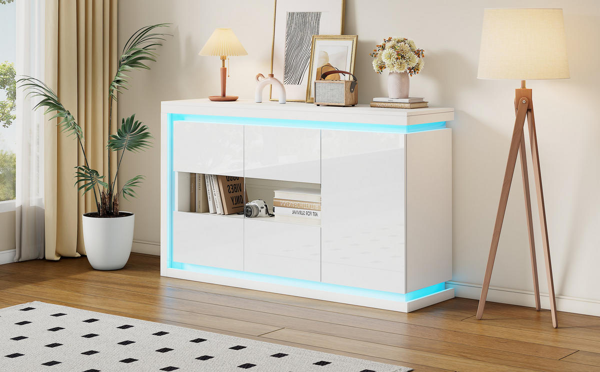 SIDEBOARD 140/40/84 cm, weißer Hochglanz-Vorderteil, 3 Türen mit 2 Gehärtet-Glas-Fronten und fernbedienbarer LED-Beleuchtung, Weiß - Weiß, Holzwerkstoff (140/84/40cm) - Redom