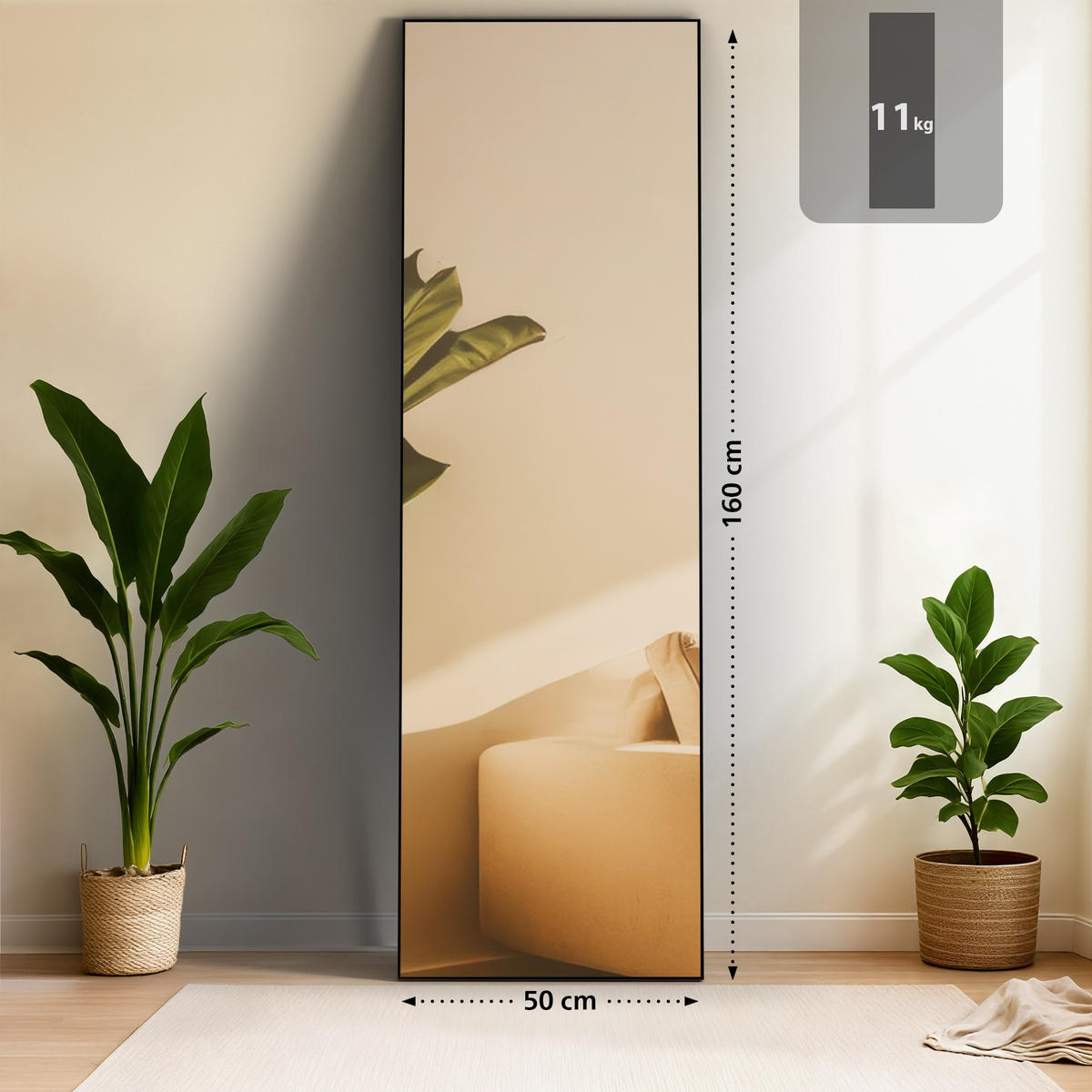 STANDSPIEGEL eckig 50/3/160 cm Glas Schwarz-Matt - Schwarz, Glas (50/160/3cm) - CLP