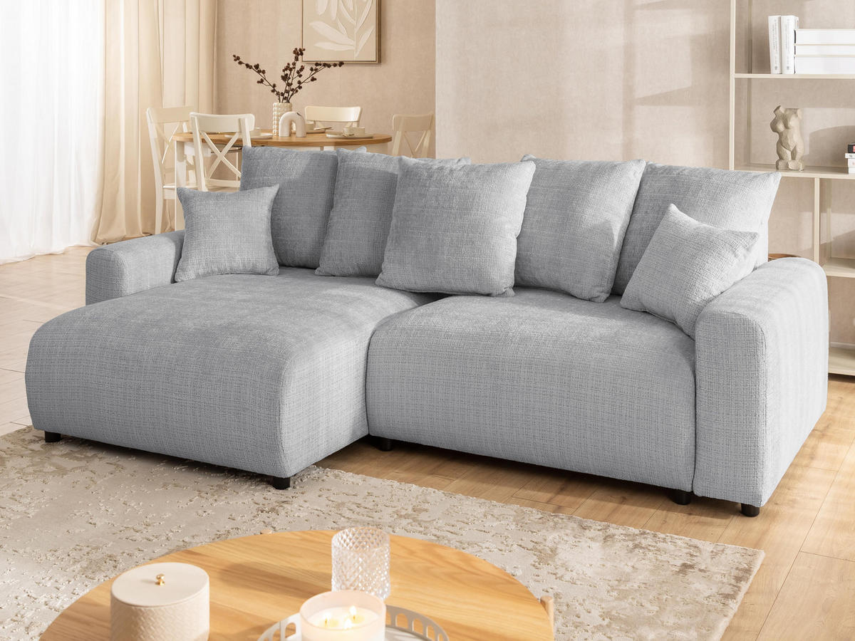 ECKSOFA Calma mit Schlaffunktion und Bettkasten im Bumpy-Design aus weichem Hellgrau Chenille-Stoff - Ottomane links - Beige/Hellgrau, Holz/Kunststoff (140/239cm) - S-Style Möbel