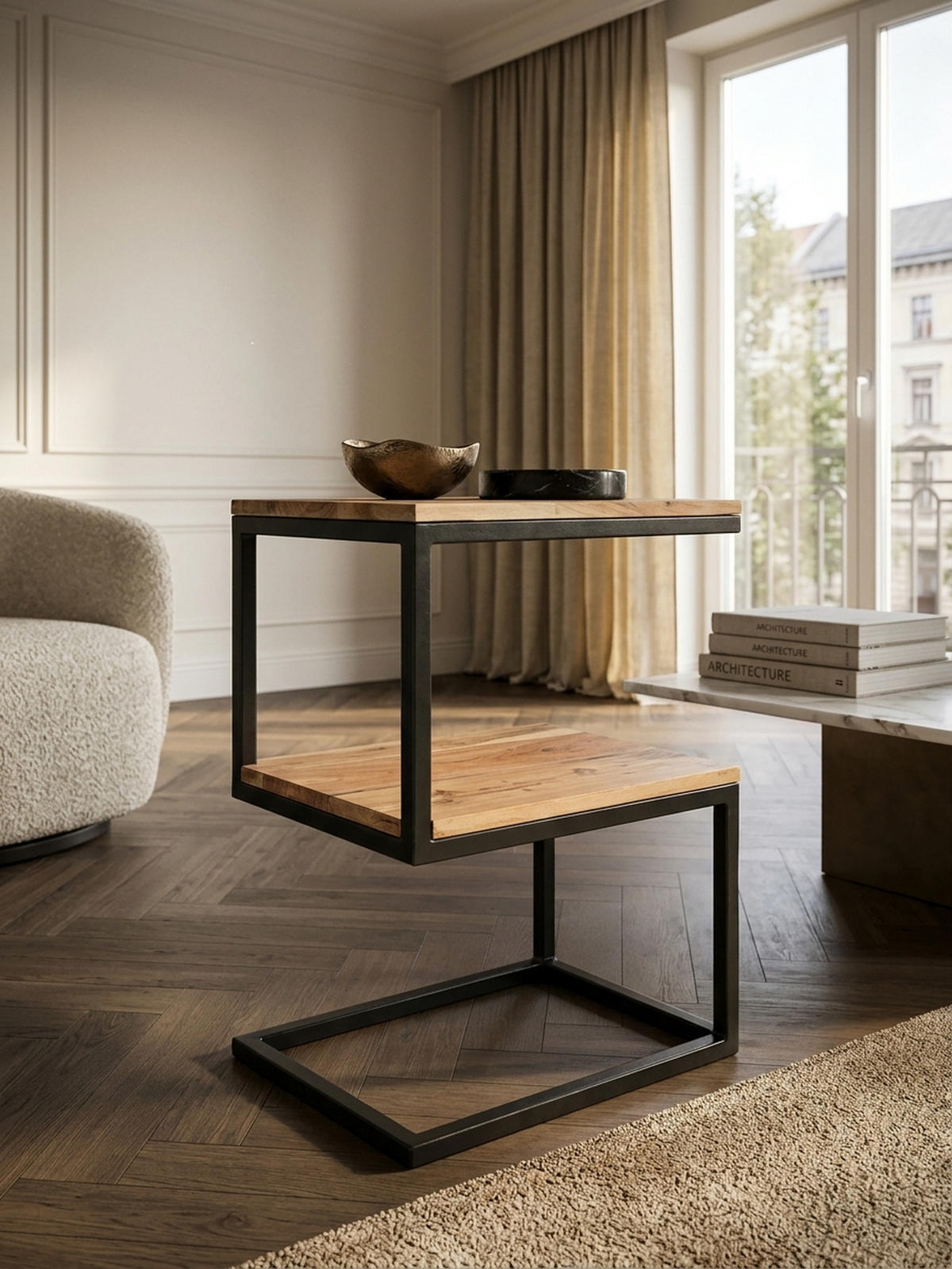 BEISTELLTISCH Massivholz S-Design Metallgestell Ablageflächen INDI, Beige 45x30x60 cm - Beige/Schwarz, Holz/Metall (30/45/60cm) - KADIMA DESIGN