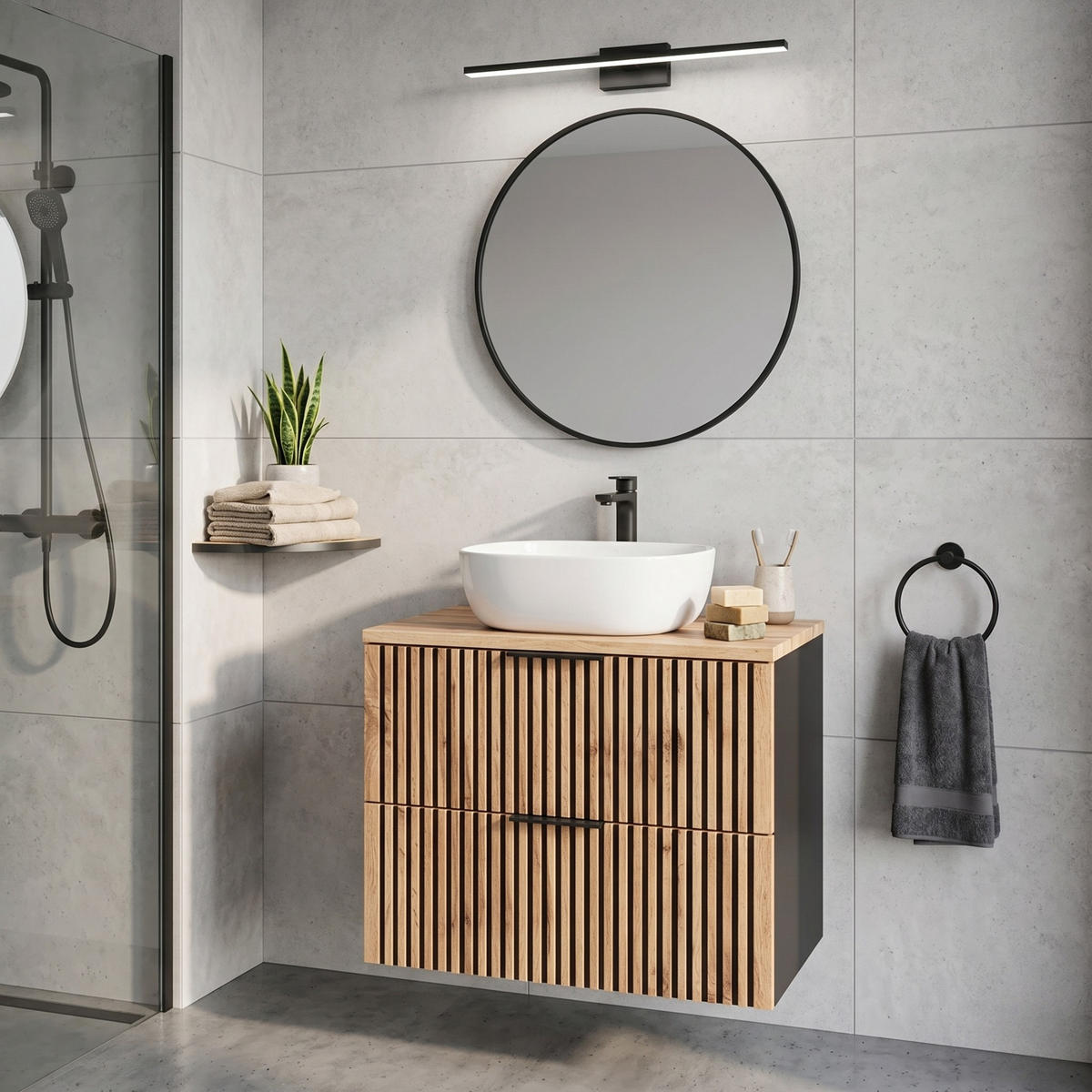 WASHTISCHKOMBI TILO SET4 Profilierte Fronten Schwarz Eiche - Eichefarben/Schwarz, Glas/Holzwerkstoff (80/75/46cm) - Komodee