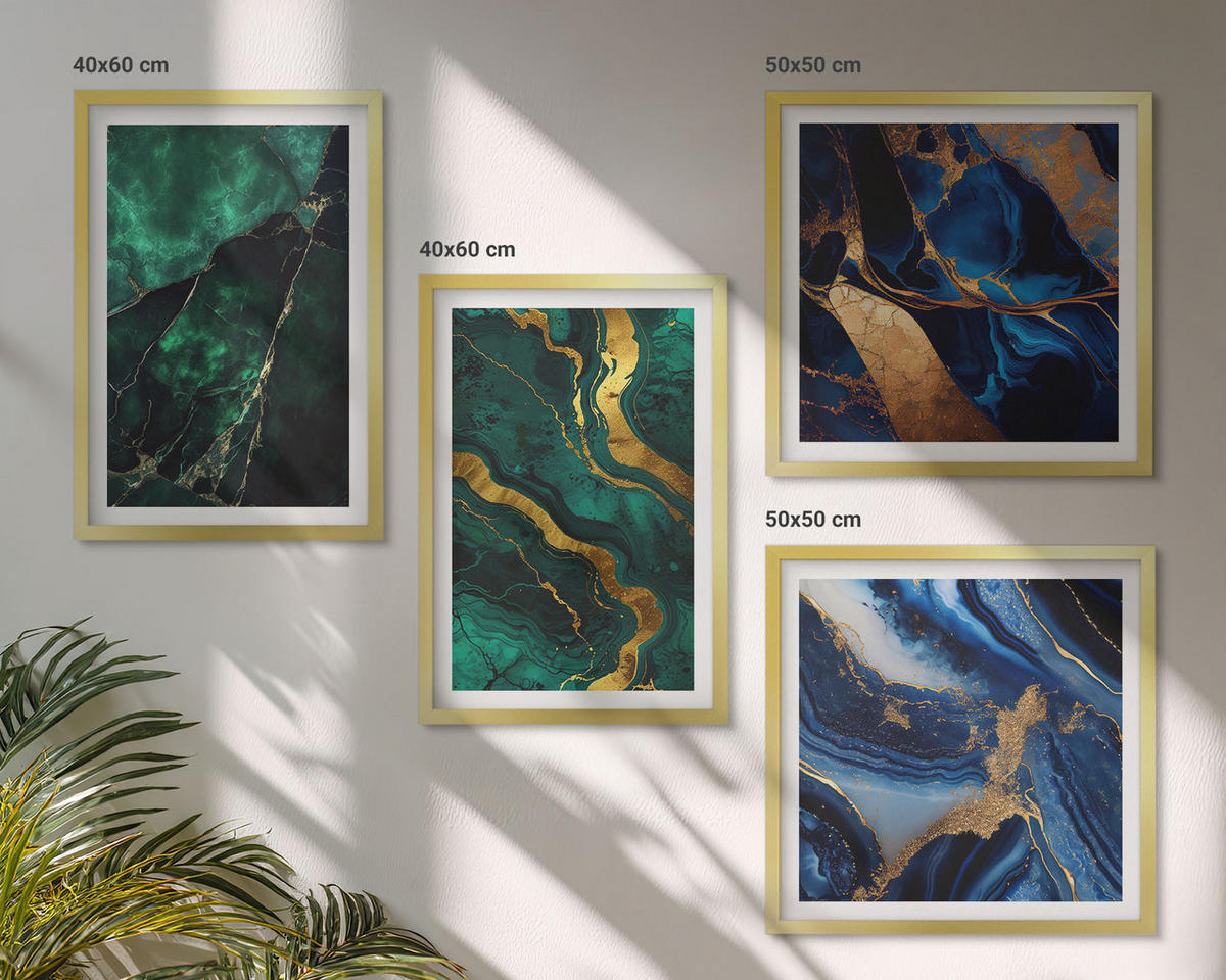 WANDBILDER 4er Set - 50x50 cm & 40x60 cm Goldrahmen - Elegante Muster auf Steinen - Goldfarben, Kunststoff (50/50cm) - ArtPrintCave