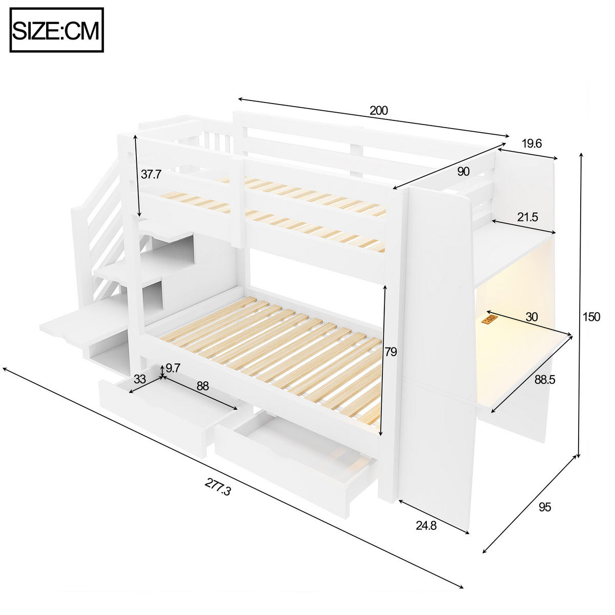ETAGENBETT 90/200 cm mit Schreibtisch und LED, DE-41592, in Weiß - Weiß, Holzwerkstoff (90/200cm) - ComfortXL