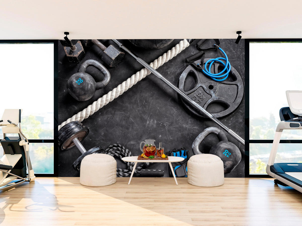 FOTOTAPETE für Fitnessstudio Sportgeräte zum Trainieren Kettlebells Hanteln 400x280 - Blau/Creme, Papier (400/280cm) - Muralo