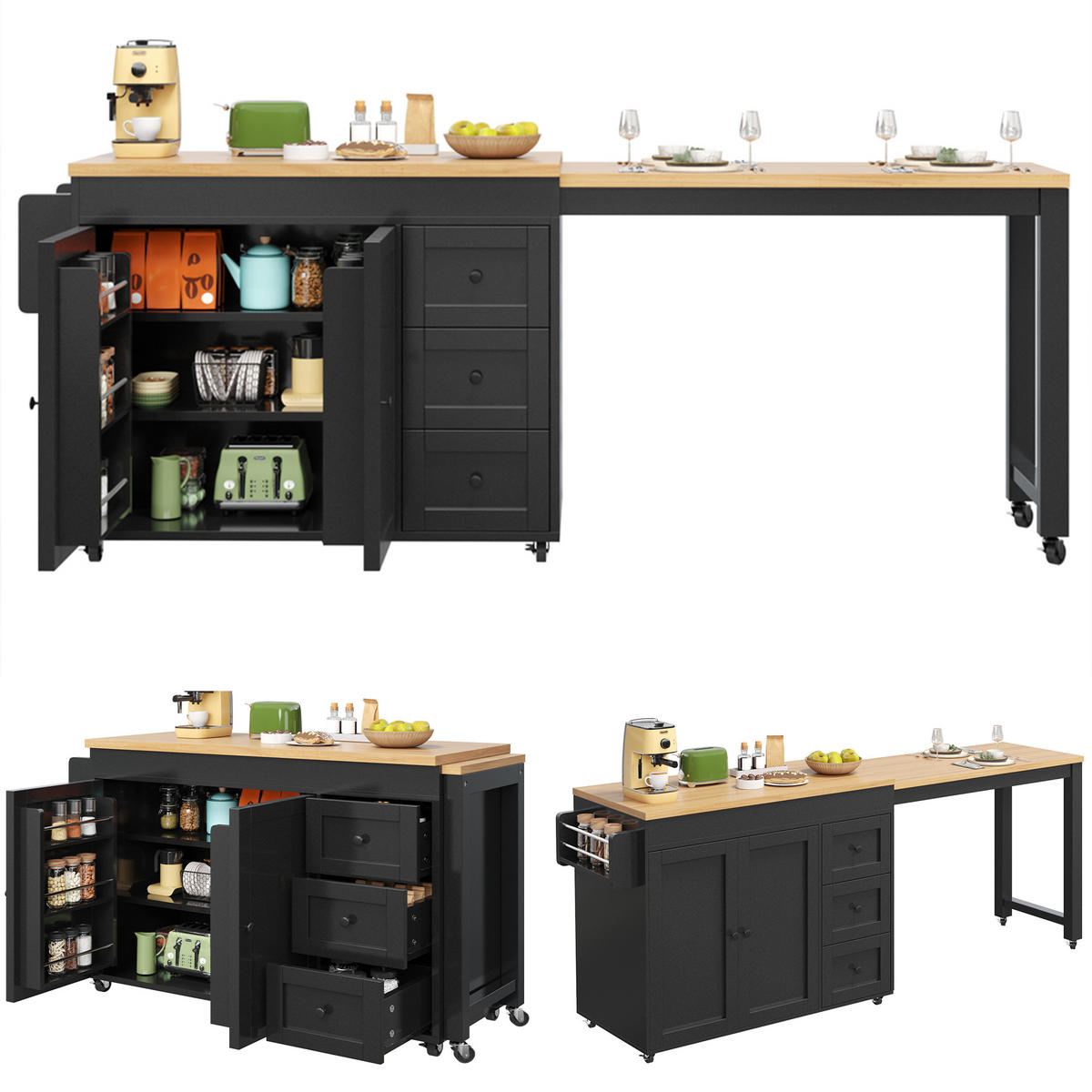 KÜCHENINSEL DE-38369 116/179 cm ausziehbar mit 3 Schubladen und Rollen Weiß - Schwarz, Holzwerkstoff (116/89/45cm) - ComfortXL