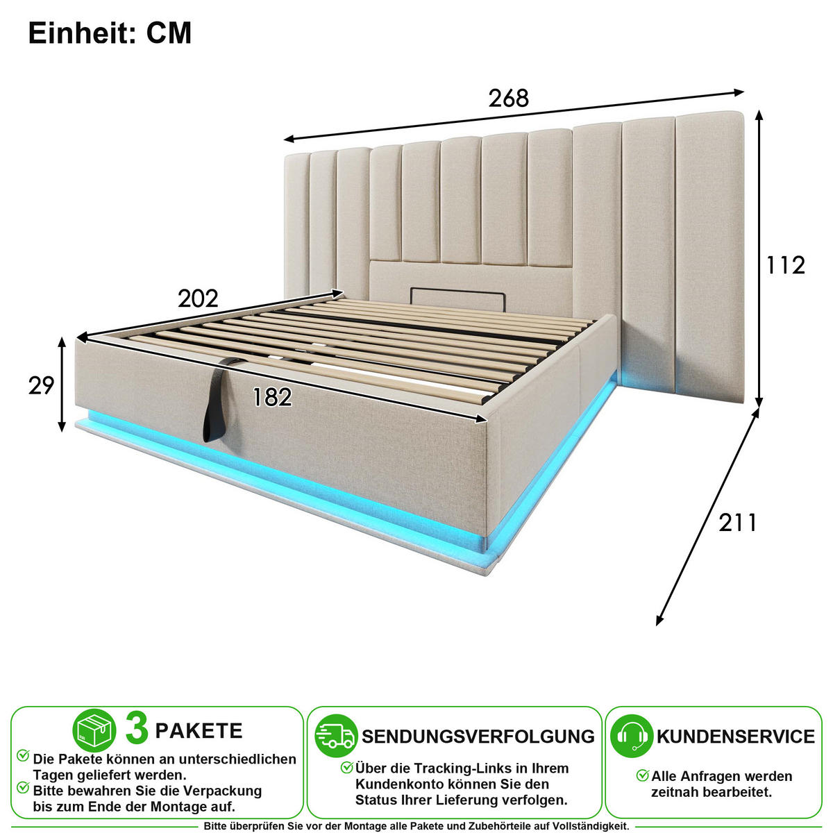 POLSTERBETT 180/200 cm in Beige mit Bettkasten, LED und USB Leinen - Beige, Holzwerkstoff/Textil (180/200cm) - CHICFURN