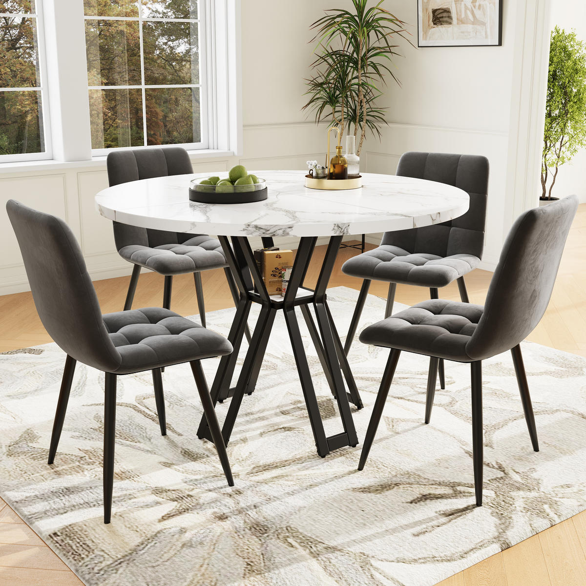 ESSTISCHSET 5-Teilig Rund 100 Cm, 4 Graue Samtstühle, Weiß Marmor, Schwarz - Multicolor, Metall (100/76/100cm) - FLIEKS
