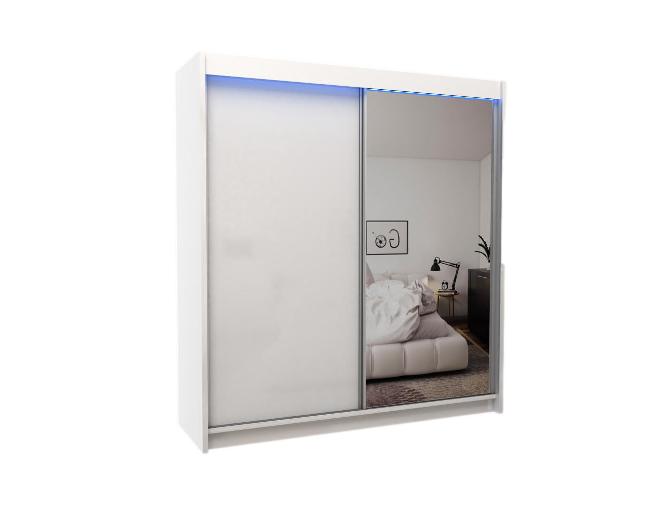 KLEIDERSCHRANK mit Spiegel-Schiebetüren und Aluminium-Leisten, LED-Beleuchtung - PARTI - 200 cm Weiß - Weiß, Holzwerkstoff (200/216/61cm) - ALTDECOR