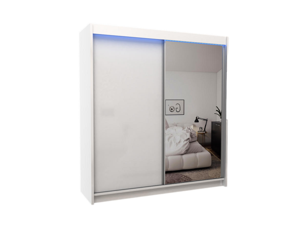 KLEIDERSCHRANK mit Spiegel-Schiebetüren und Aluminium-Leisten, LED-Beleuchtung - PARTI - 200 cm Weiß - Weiß, Holzwerkstoff (200/216/61cm) - ALTDECOR