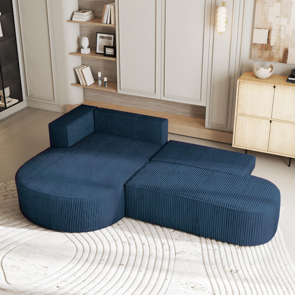 ECKSOFA CORTIO P L-S Blau Kordstoff mit Schlaffunktion - Blau, Holz (265/174cm) - MASSENO