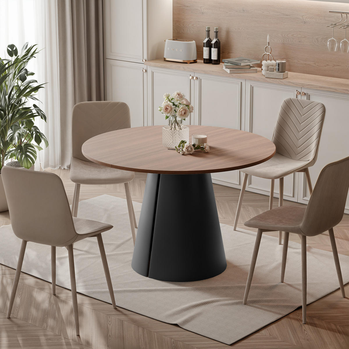 AUSZIEHTISCH BASE 120-196/76 cm, Schwarz / Franklin-Nussbaum - Nussbaumfarben/Schwarz, Holzwerkstoff/Metall (120/120/76cm) - Idohome