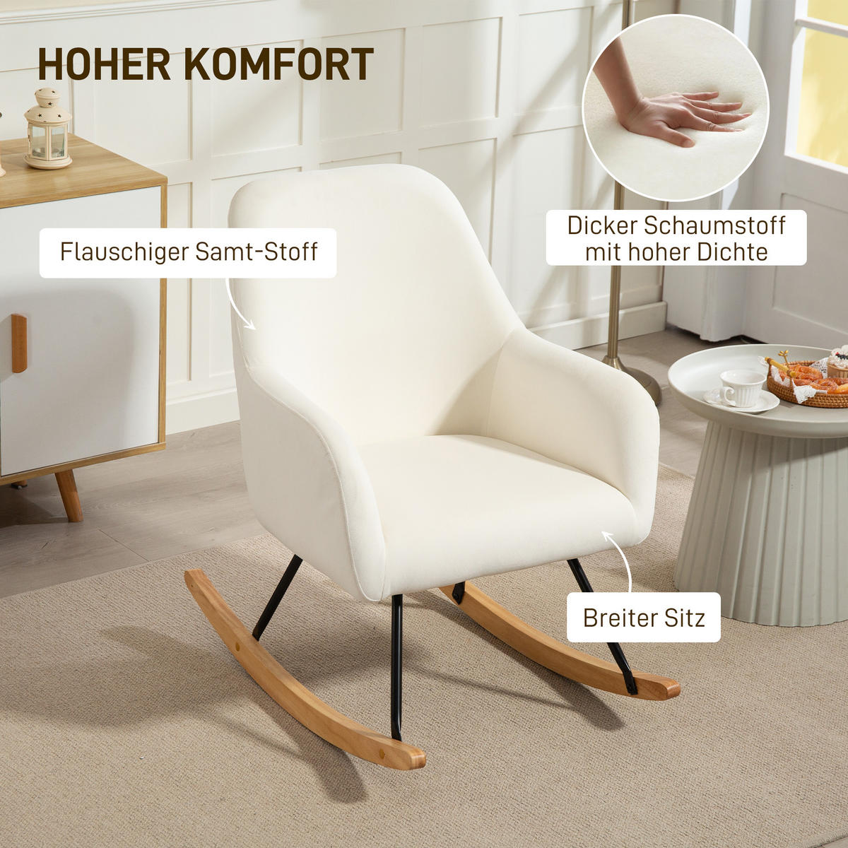 SCHAUKELSTUHL Schaukelsessel mit Armlehne, Holzkufen für Schlafzimmer Creme - Weiß, Kunststoff (68/89/85cm) - HOMCOM