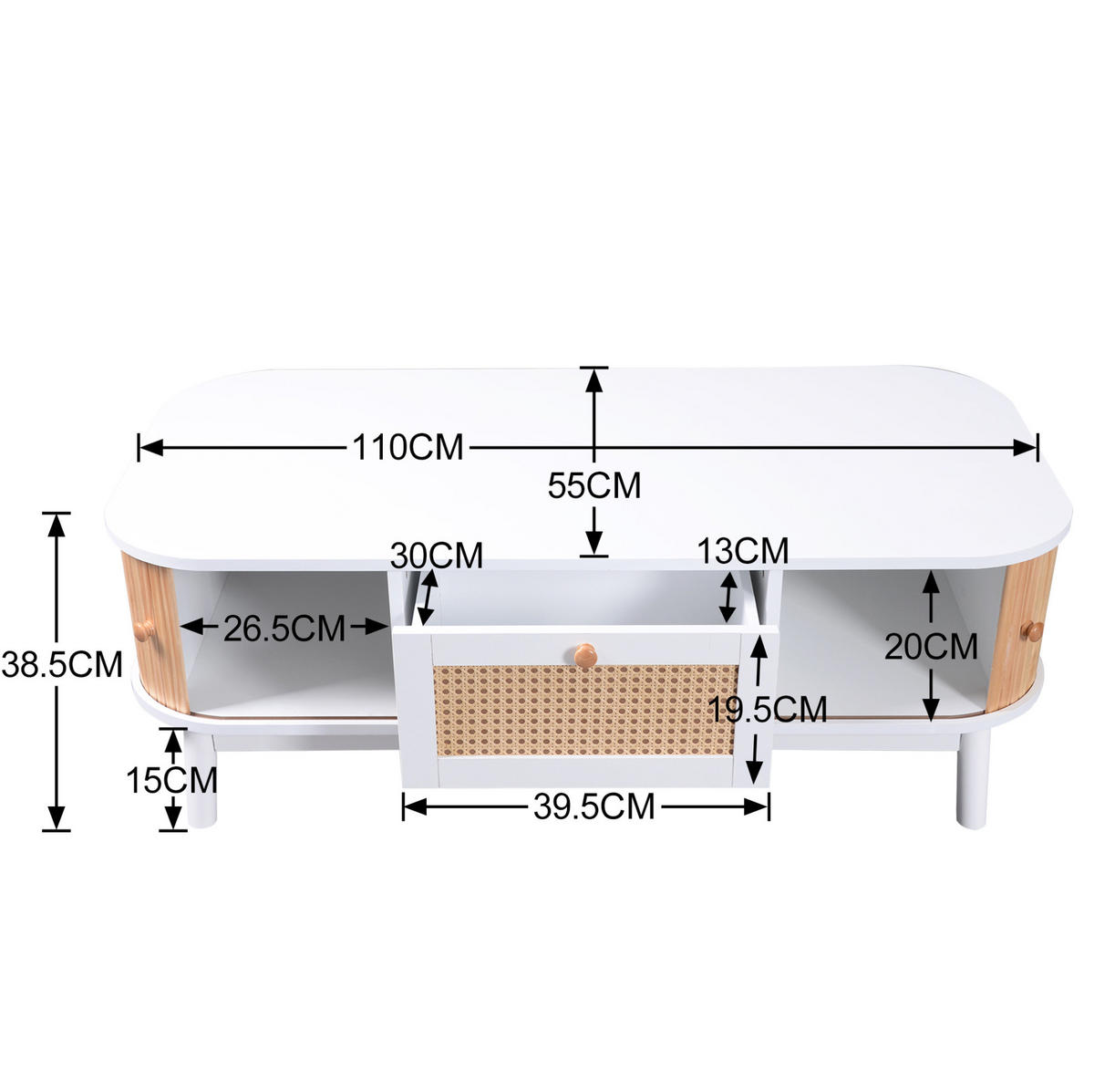 COUCHTISCH aus MDF 110x55x38,5 cm in Weiß und Holzfarbe mit Stauraum - Weiß, Holzwerkstoff (110/55/38.5cm) - Modfu