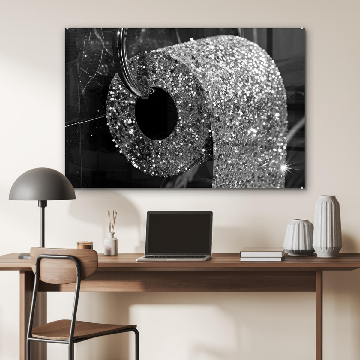 ACRYLGLASBILD WC - Toilettenpapier - Schwarz und weiß - Glitter 120x80 cm - Silberfarben, Glas (120/80cm) - MuchoWow