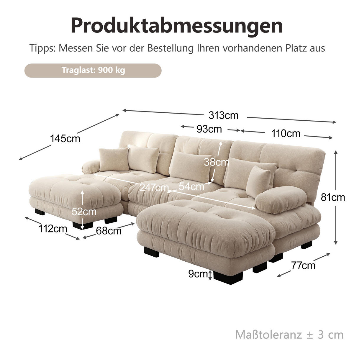 WOHNLANDSCHAFT DE-34065 U-förmig mit Ottoman Hellbraun - Hellbraun, Holz (145/81/313cm) - ComfortXL