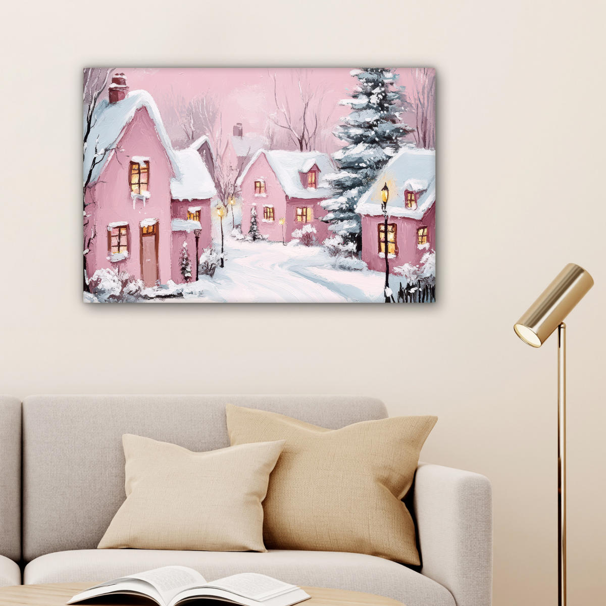 LEINWANDBILD Weihnachtsdorf - Rosa - Winter - Schnee - Häuser Gemälde 60x40 cm - Altrosa, Textil (60/40cm) - MuchoWow