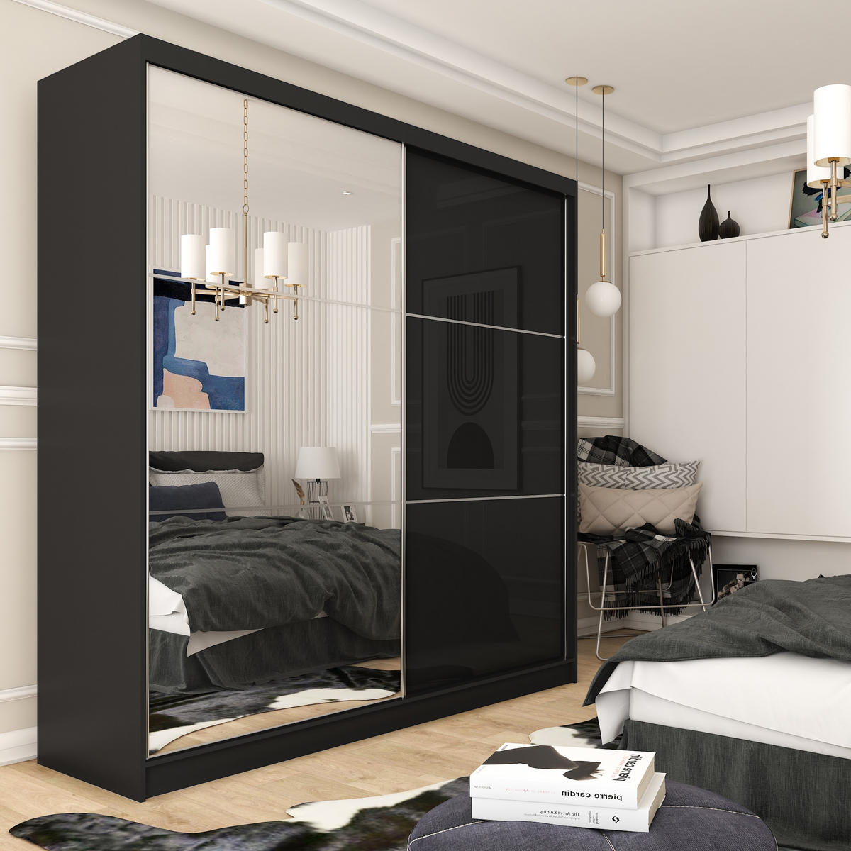 SCHWEBETÜRENSCHRANK VITALE 200/216/61 cm 2-türig mit Spiegel Schwarz - Schwarz, Holzwerkstoff (200/216/61cm) - MASSENO