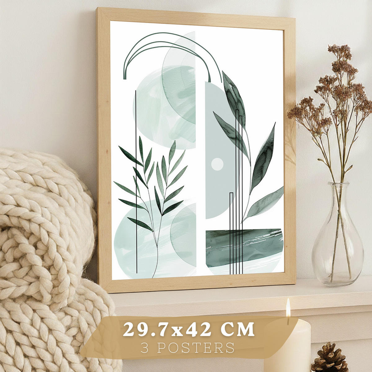PLAKAT Sada 3 dekorativních nástěnných tisků, zelené rostliny, pro moderní dekoraci obývacího pokoje Světlý dřevěný rám A3 - béžová, papír (29.7/42/3cm) - Nacnic