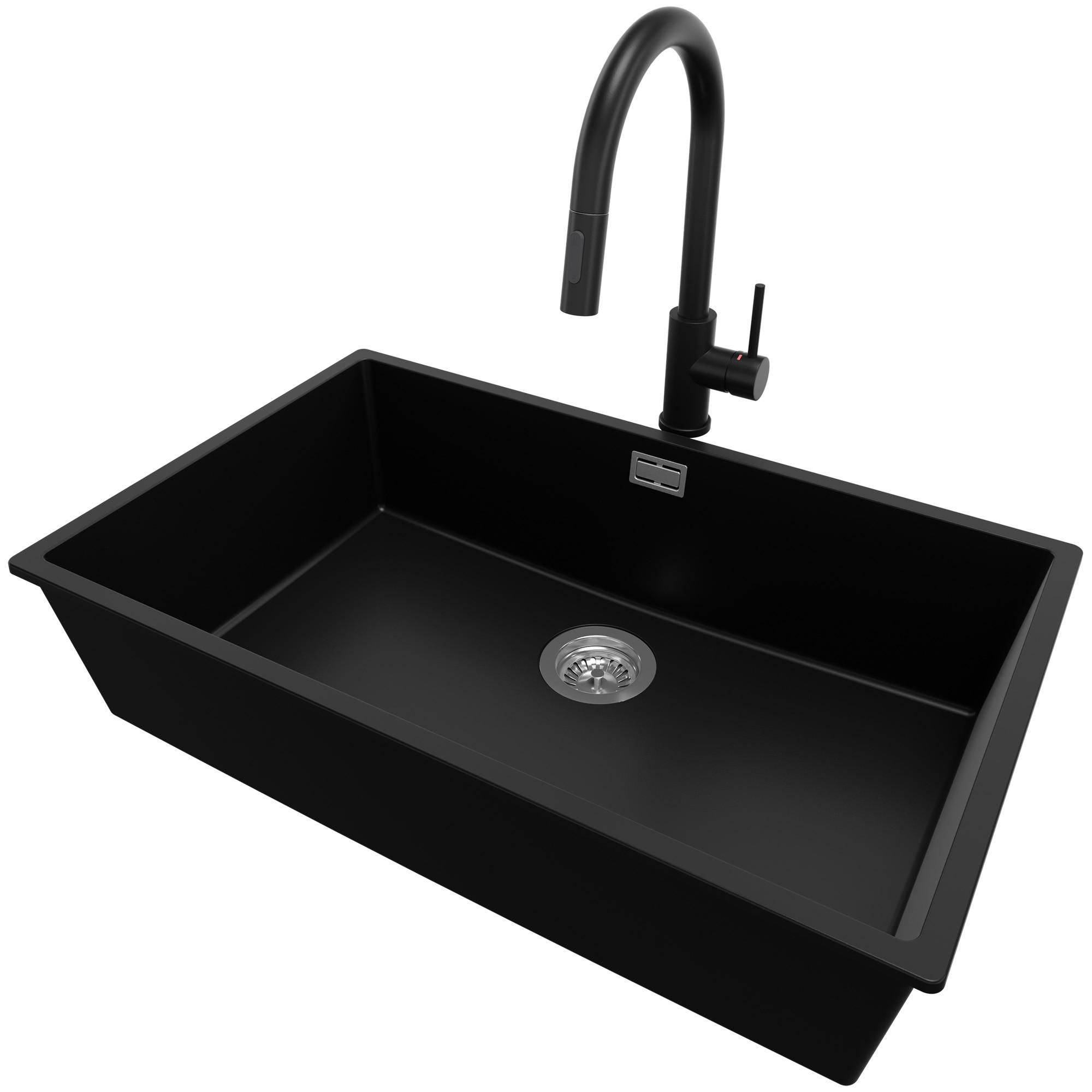 GRANITSPÜLE London Slim, 2-er set Schwarz 76/47 cm 1 Becken + Küchenarmatur 40/20 cm + Ablauf-Set ab 80er Unterschrank - Chromfarben/Schwarz, Kunststoff (76/20/47cm) - Primagran