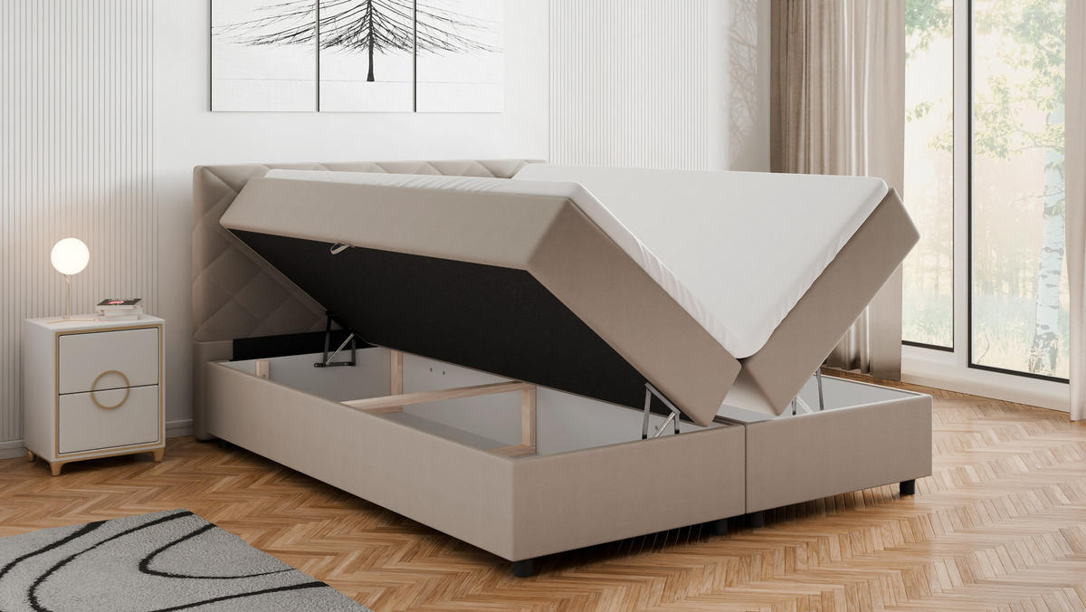 BOXBETT Diamaro 160x200 cm mit Bettkasten und Topper - Cappucino - Beige, Holz (160/200cm) - Panda Möbel