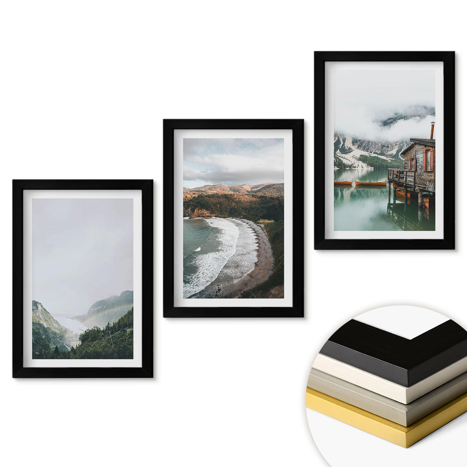 WANDBILDER 3er-Set - 20x30 cm Schwarzer Rahmen - Berge, Strand, Wolken, Wasser - Schwarz, Kunststoff (20/30cm) - ArtPrintCave
