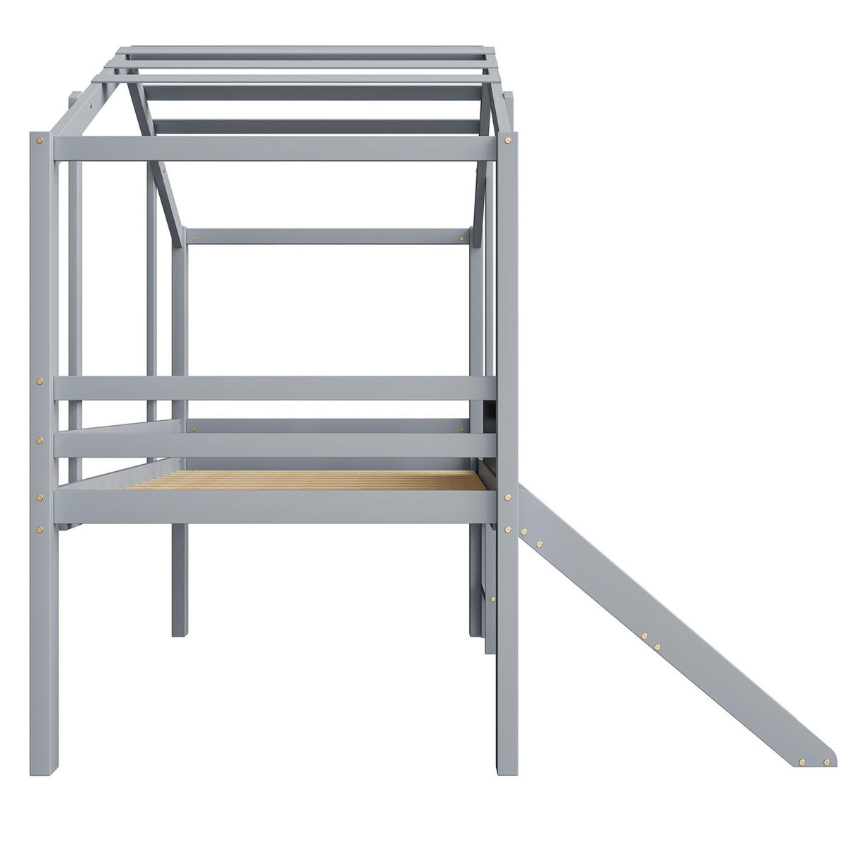 KINDERBETT aus Massivholz 90x200 cm Grau mit Rutsche, Leiter, Tafel und Hausdach - Grau, Holz (90/200cm) - Modfu