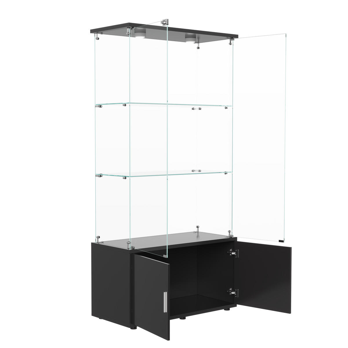 VITRINE Glas, LED, 3 Ebenen, 2 Türen, freistehend, modern, schwarz - Schwarz, Glas (78.51/164/35cm) - EuroLiving