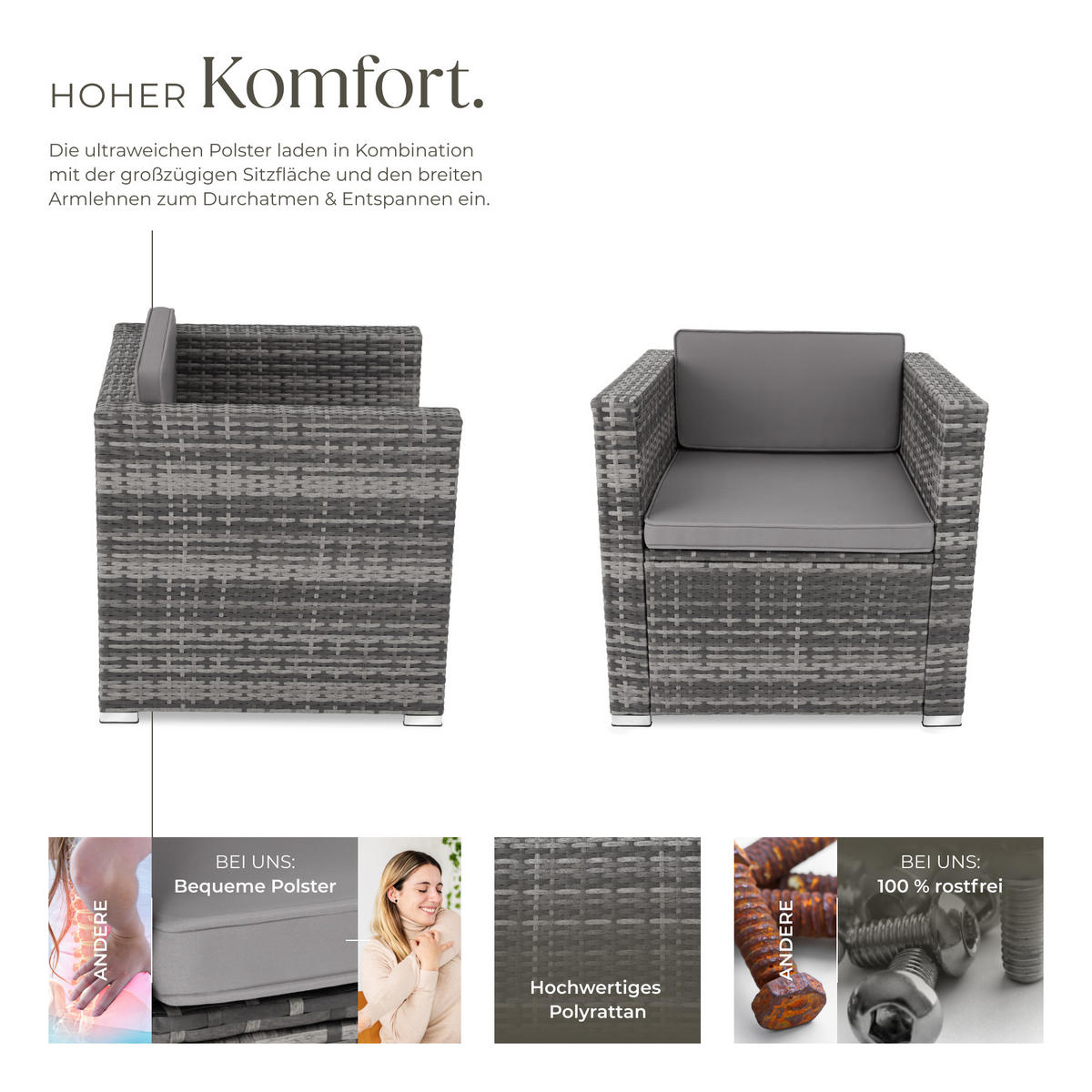 RATTANSESSEL Lignano,70 x 69 x 65cm,grau - Grau, Kunststoff (70/65/69cm) - tectake