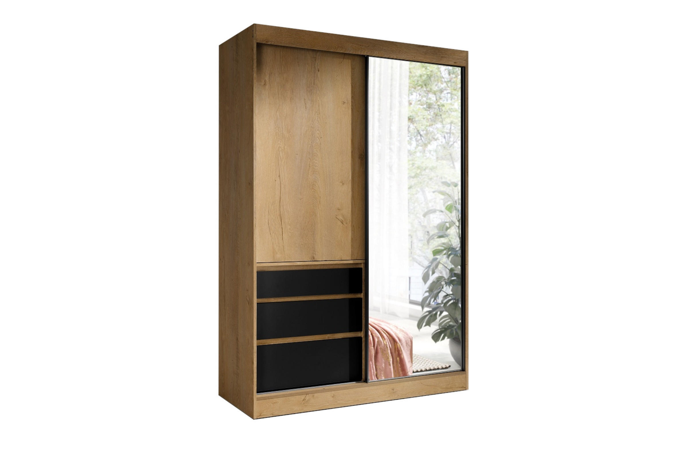 SCHWEBETÜRENSCHRANK HAITI 140/216 cm in Eiche Lefkas / Schwarz - Eichefarben/Schwarz, Holzwerkstoff (140/65/216cm) - Deine Möbel 24