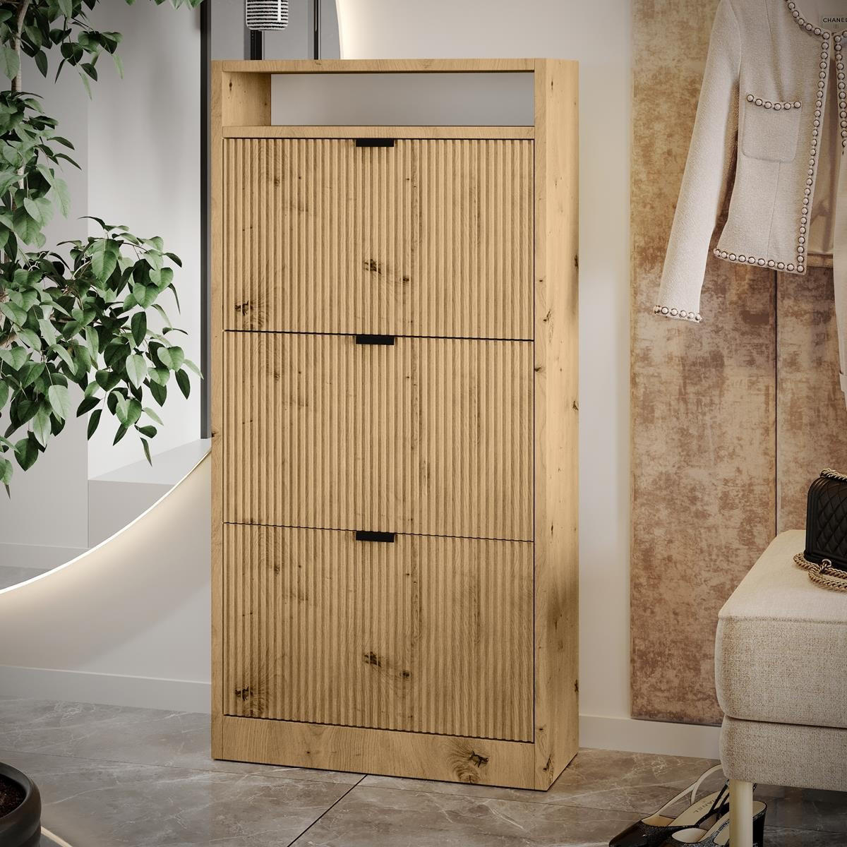 SCHUHSCHRANK Mia, Eiche Artisan mit schwarzem Griff - Schwarz/Eiche Artisan, Holzwerkstoff (60/125/24cm) - Bettso