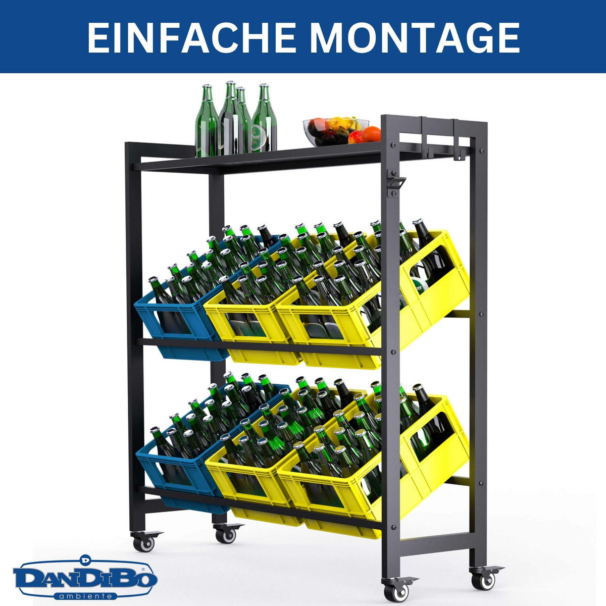 GETRÄNKEKISTENREGAL 6 Kisten mit Ablagefäche Rollen Haken Metall Schwarz - Schwarz, Metall (110/119/32cm) - DanDiBo
