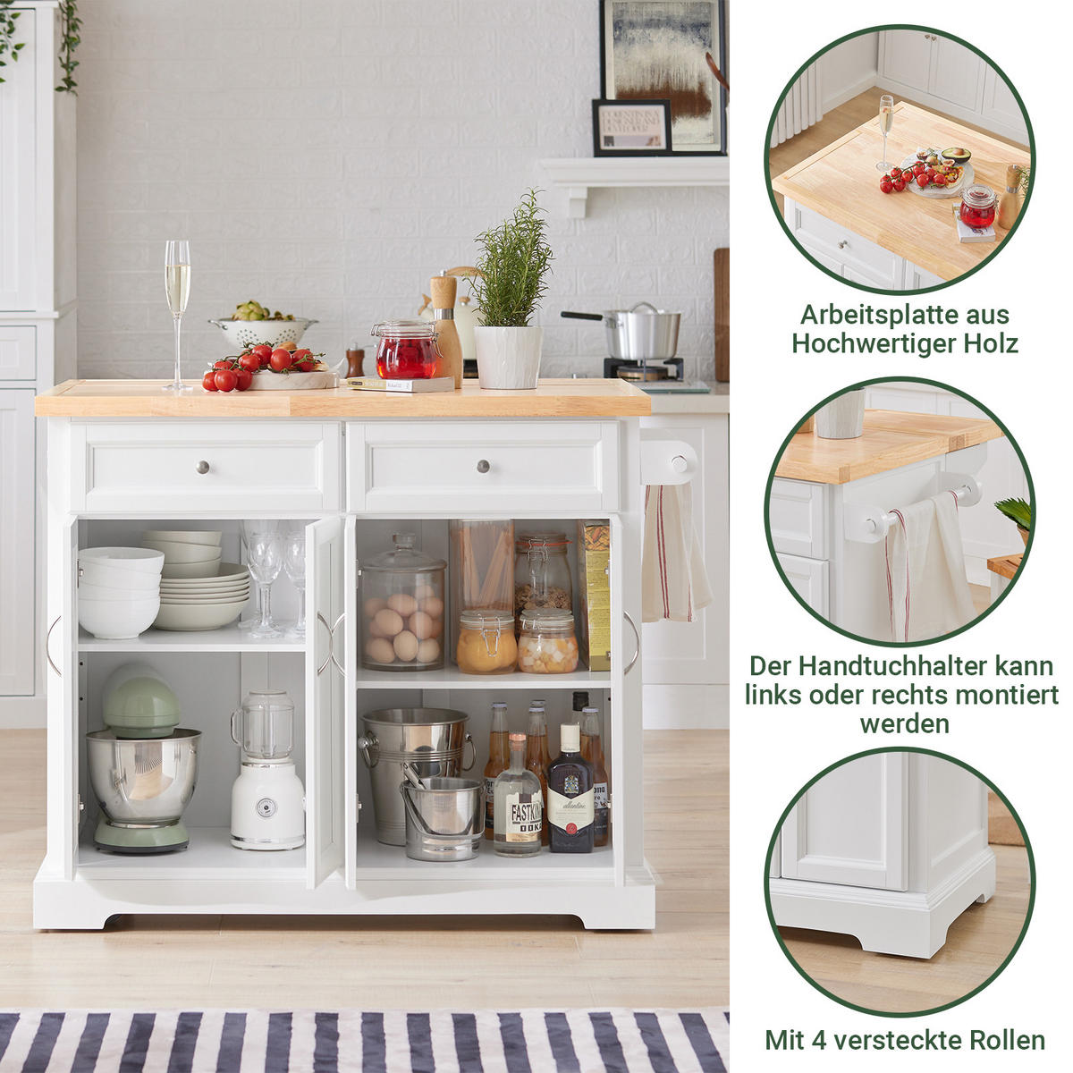 KÜCHENINSEL rollbar Weiß-Natur - Weiß, Holz/Holzwerkstoff (115/92/71cm) - SoBuy